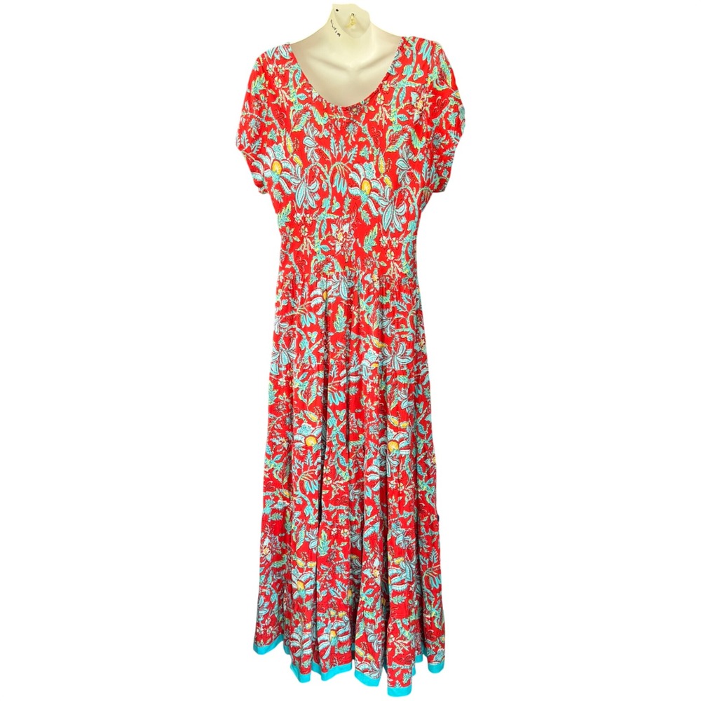 Soft Surroundings XL Kara Maxi Midi Dress Tiered Floral Red Teal - Picture 6 of 12